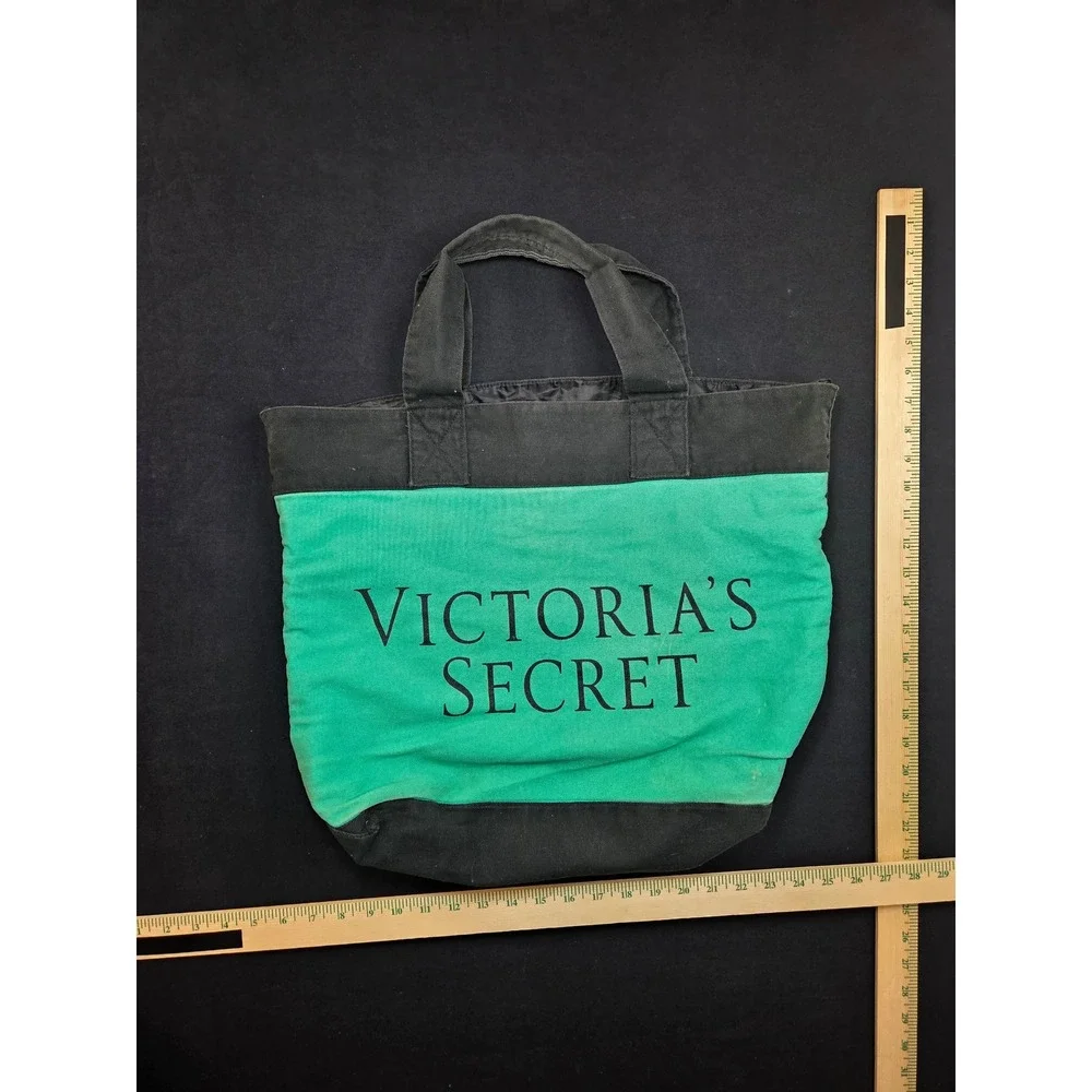 Victorias Secret Canvas Tote Bag Teal Blue Colorblock Logo Travel Beach Bag